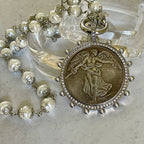 Silver Vintage Coin Necklace-Porcelain Pearl Chain Necklace-Reproduction Coin Pendant-Pearl and Cubic Zirconia Bezel Coin-Spring Lock Clasp