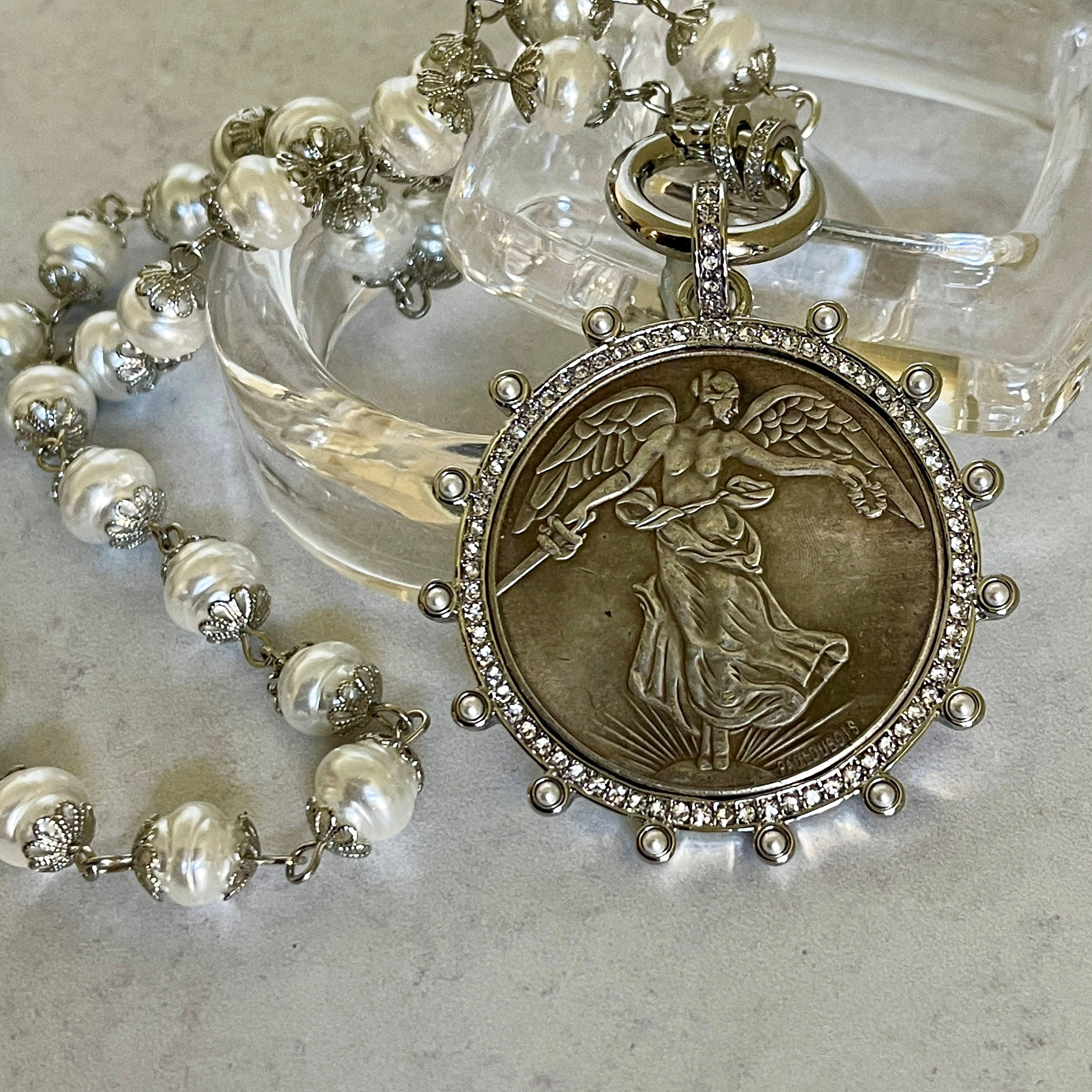Silver Vintage Coin Necklace-Porcelain Pearl Chain Necklace-Reproduction Coin Pendant-Pearl and Cubic Zirconia Bezel Coin-Spring Lock Clasp