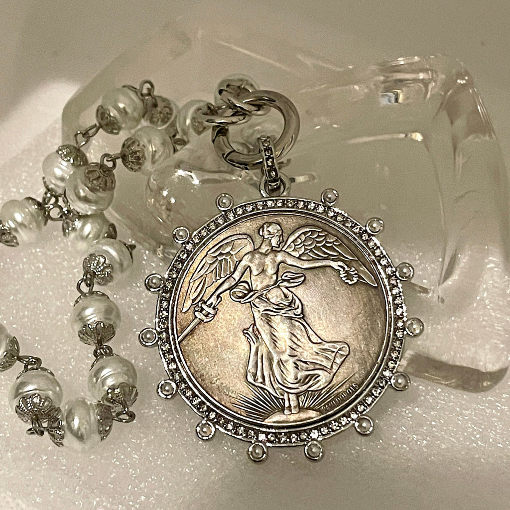 Silver Vintage Coin Necklace-Porcelain Pearl Chain Necklace-Reproduction Coin Pendant-Pearl and Cubic Zirconia Bezel Coin-Spring Lock Clasp