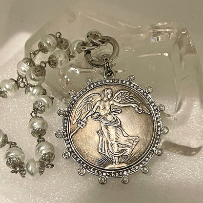 Silver Vintage Coin Necklace-Porcelain Pearl Chain-Pearl and Zirconia