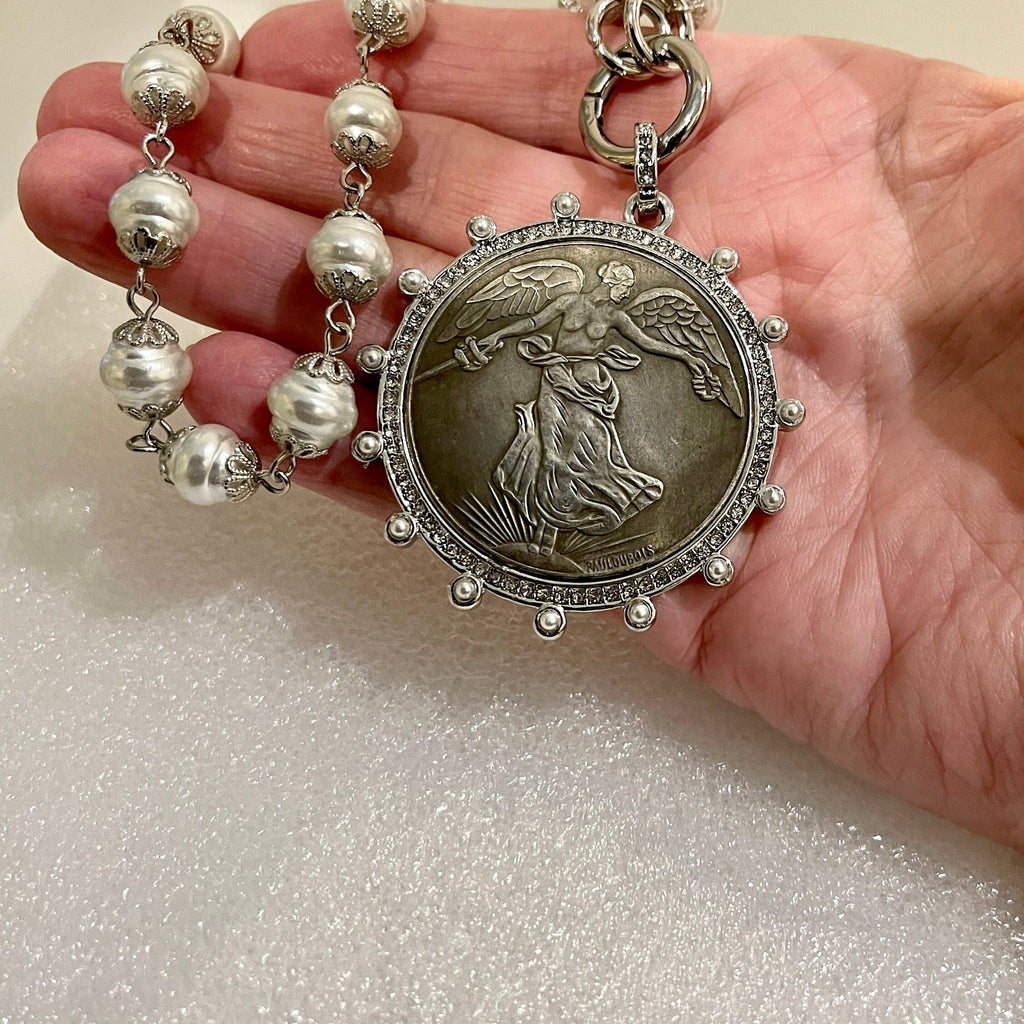Silver Vintage Coin Necklace-Porcelain Pearl Chain Necklace-Reproduction Coin Pendant-Pearl and Cubic Zirconia Bezel Coin-Spring Lock Clasp