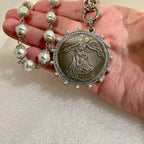 Silver Vintage Coin Necklace-Porcelain Pearl Chain Necklace-Reproduction Coin Pendant-Pearl and Cubic Zirconia Bezel Coin-Spring Lock Clasp