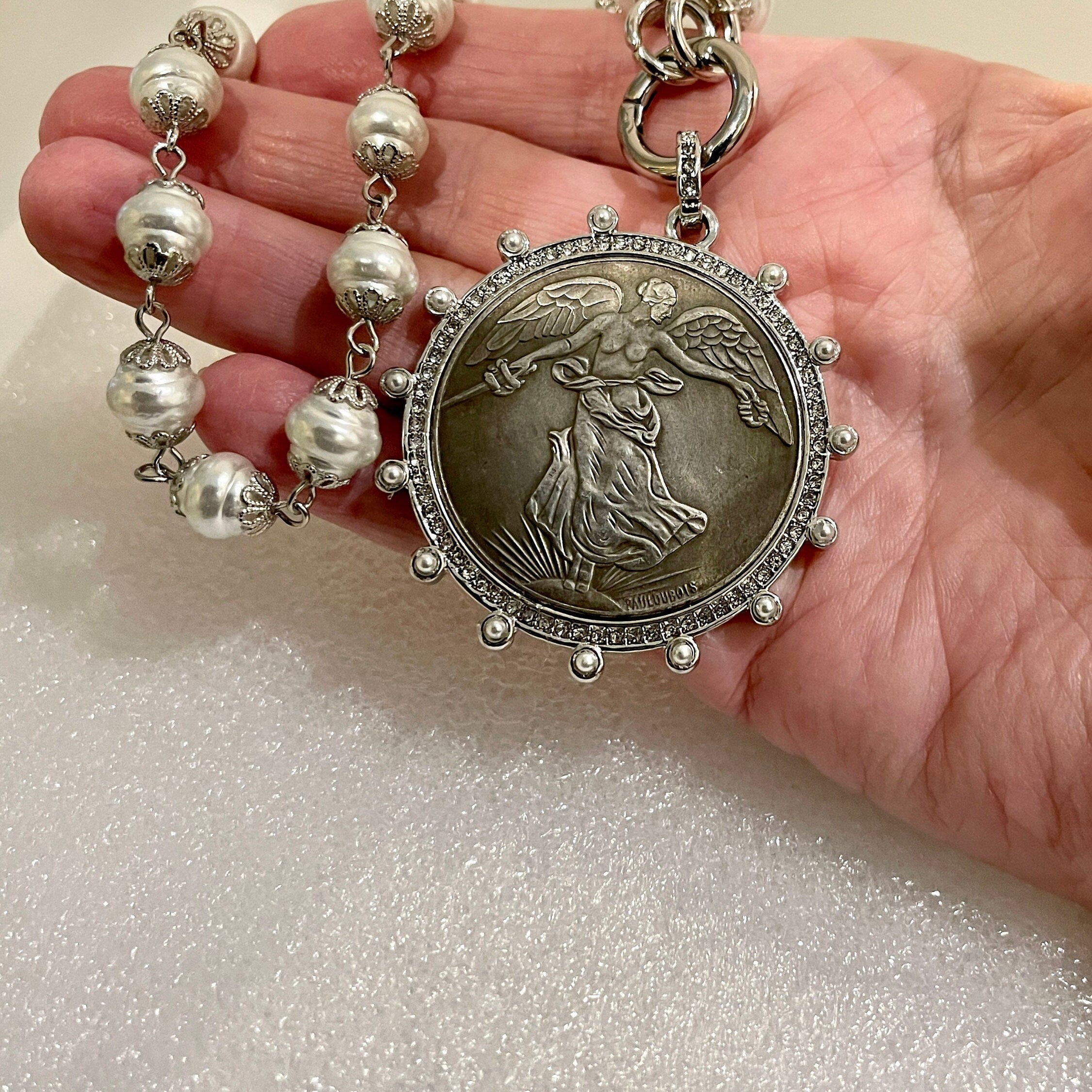 Silver Vintage Coin Necklace-Porcelain Pearl Chain Necklace-Reproduction Coin Pendant-Pearl and Cubic Zirconia Bezel Coin-Spring Lock Clasp