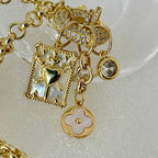 Gold Charm Necklace: Mother of Pearl Pendants, CZ Mariner Clasp