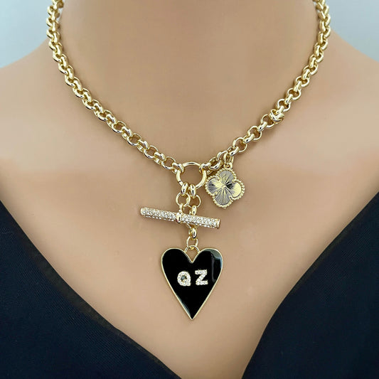 Black enamel personalized Heart pendant- Multi Charm necklace-Gold Rolo chain