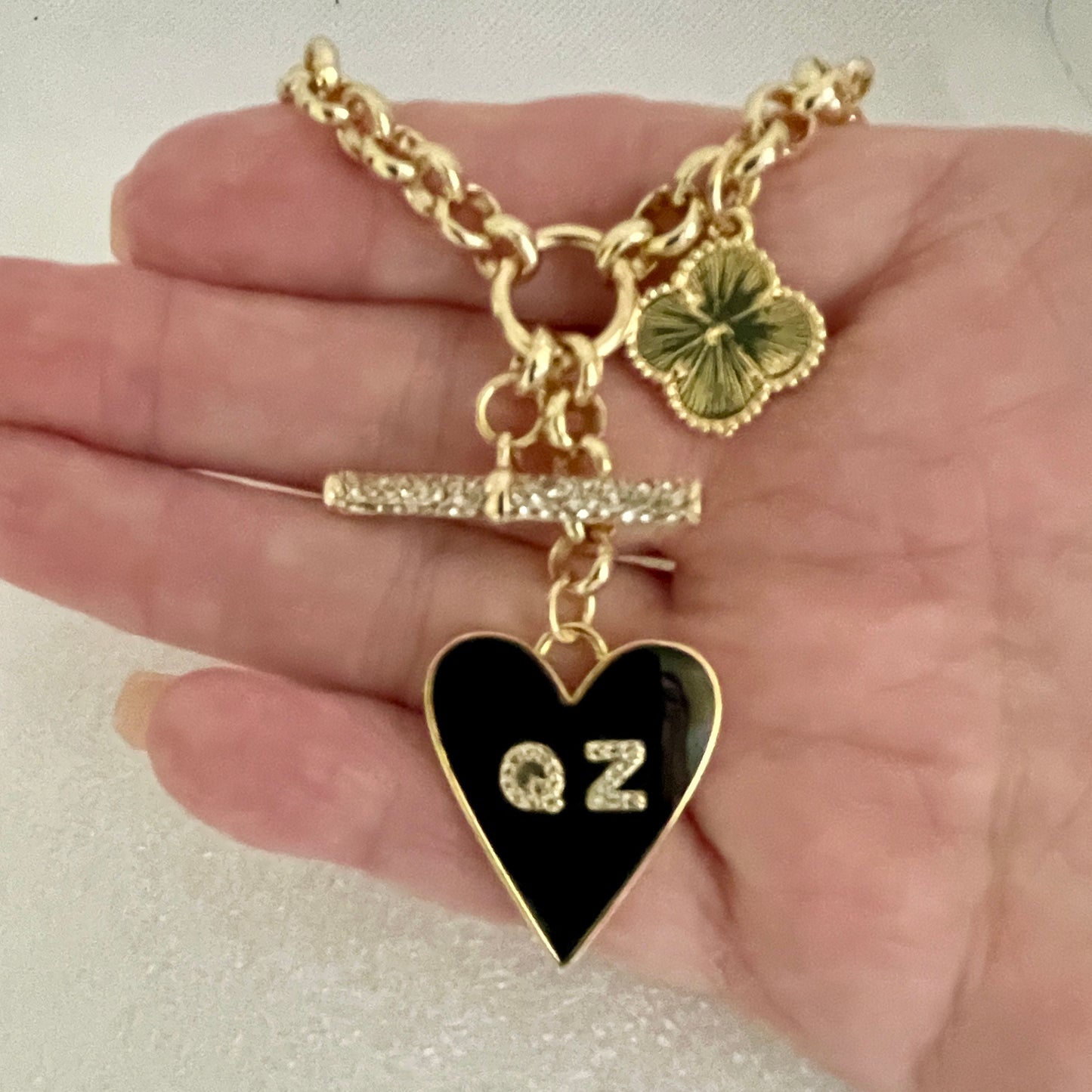 Personalized Black Enamel Heart Charm Necklace-Layered Multi-Charms-Clover Charm-CZ Toggle Charm-Lobster Closure-Gift For Her