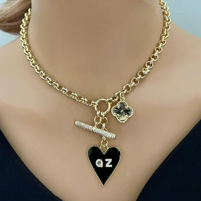 Personalized Black Enamel Heart Charm Necklace-Layered Multi-Charms-Clover Charm-CZ Toggle Charm-Lobster Closure-Gift For Her