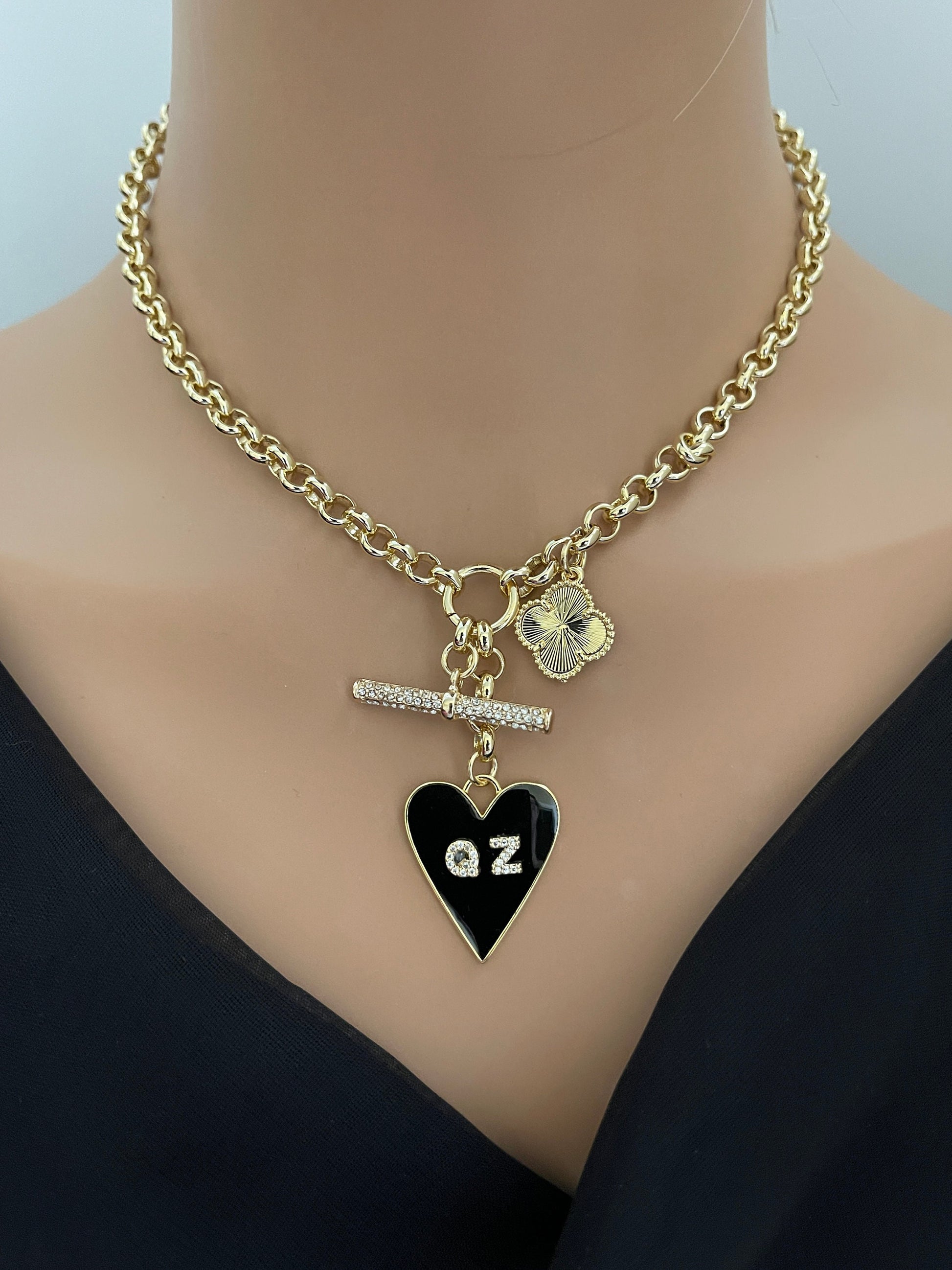 Personalized Black Enamel Heart Charm Necklace-Layered Multi-Charms-Clover Charm-CZ Toggle Charm-Lobster Closure-Gift For Her