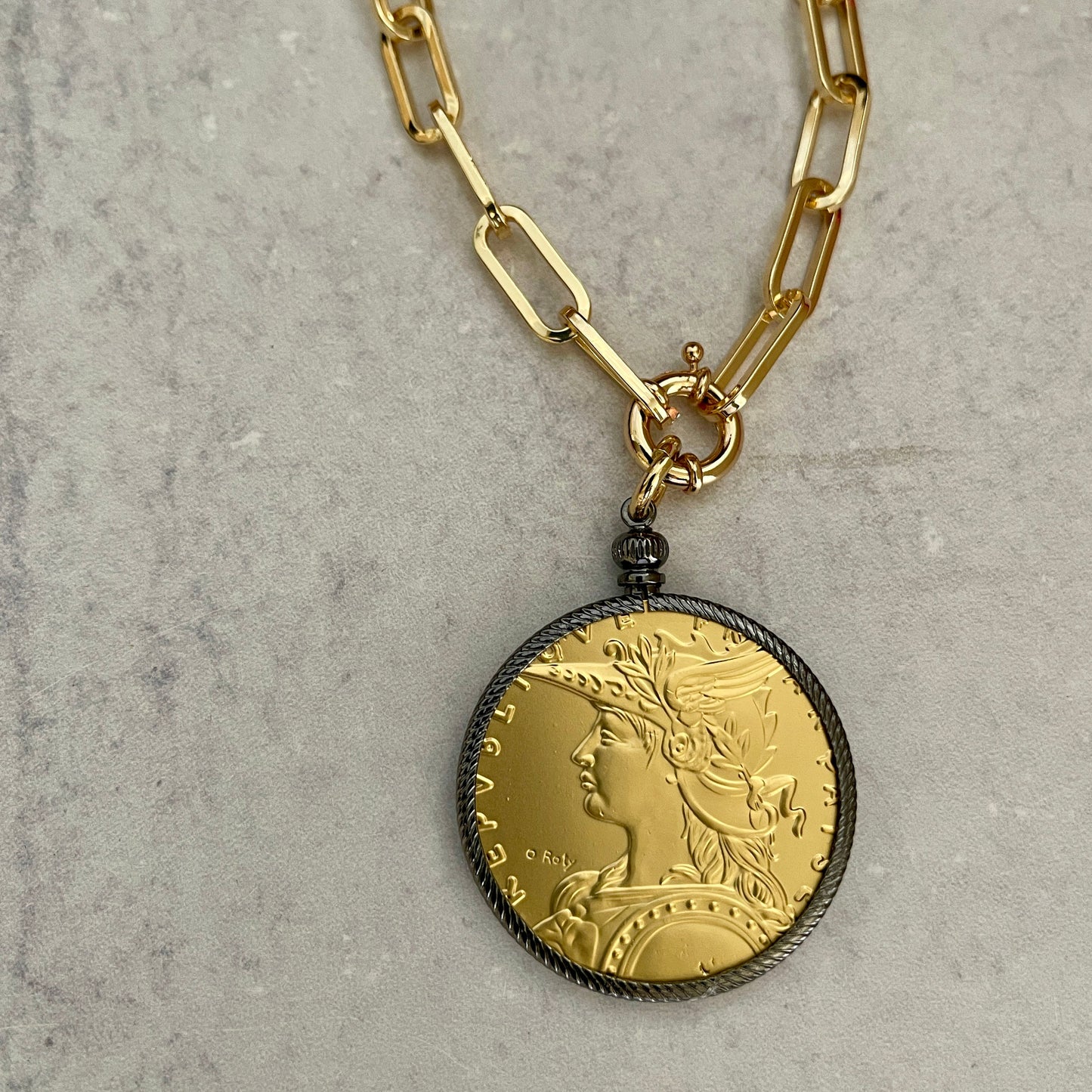 Gold French Madagascar Coin Necklace-22K Gold-Plated Reproduction Medal-Art Deco-Gunmetal Bezel-Spring Lock Clasp-Gift For Her