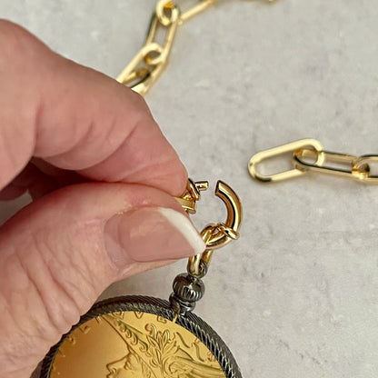 Gold French Madagascar Coin Necklace-22K Gold-Plated Reproduction Medal-Art Deco-Gunmetal Bezel-Spring Lock Clasp-Gift For Her