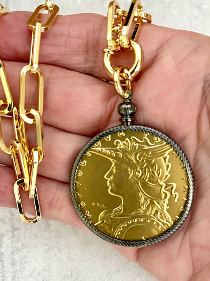 Gold French Madagascar Coin Necklace-22K Gold-Plated Reproduction Medal-Art Deco-Gunmetal Bezel-Spring Lock Clasp-Gift For Her