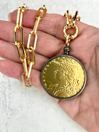 Gold French Madagascar Coin Necklace-22K Gold-Plated Reproduction Medal-Art Deco-Gunmetal Bezel-Spring Lock Clasp-Gift For Her