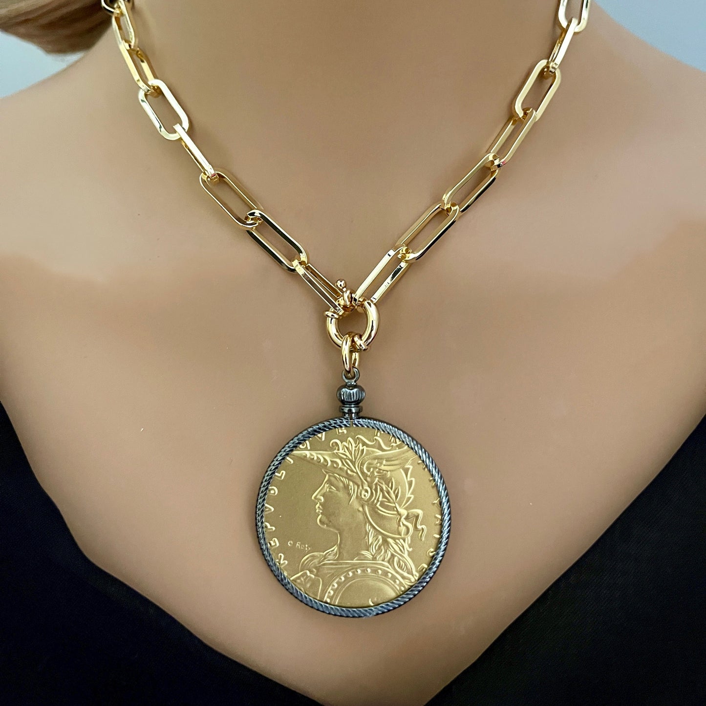 Gold French Madagascar Coin Necklace-22K Gold-Plated Reproduction Medal-Art Deco-Gunmetal Bezel-Spring Lock Clasp-Gift For Her