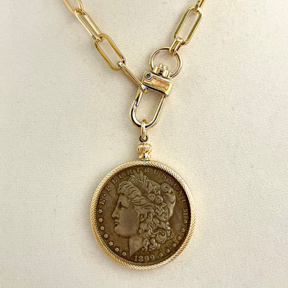 Unique Liberty Coin Necklace - Burnished Silver Pendant - Gold Bezel - Gold Paperclip Chain-Reproduction Vintage Coin Jewelry-Gift For Her