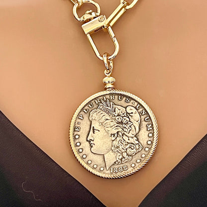 Unique Liberty Coin Necklace - Burnished Silver Pendant - Gold Bezel - Gold Paperclip Chain-Reproduction Vintage Coin Jewelry-Gift For Her