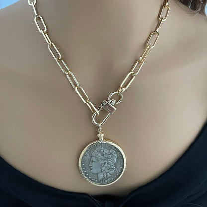 Unique Liberty Coin Necklace - Burnished Silver Pendant - Gold Bezel - Gold Paperclip Chain-Reproduction Vintage Coin Jewelry-Gift For Her