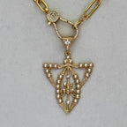 Reproduction Edwardian Paste Fly Pendant, Pearl and CZ Accents.-Gold Paperclip Chain Necklace-CZ Spring Lock Clasp-Gift for Her