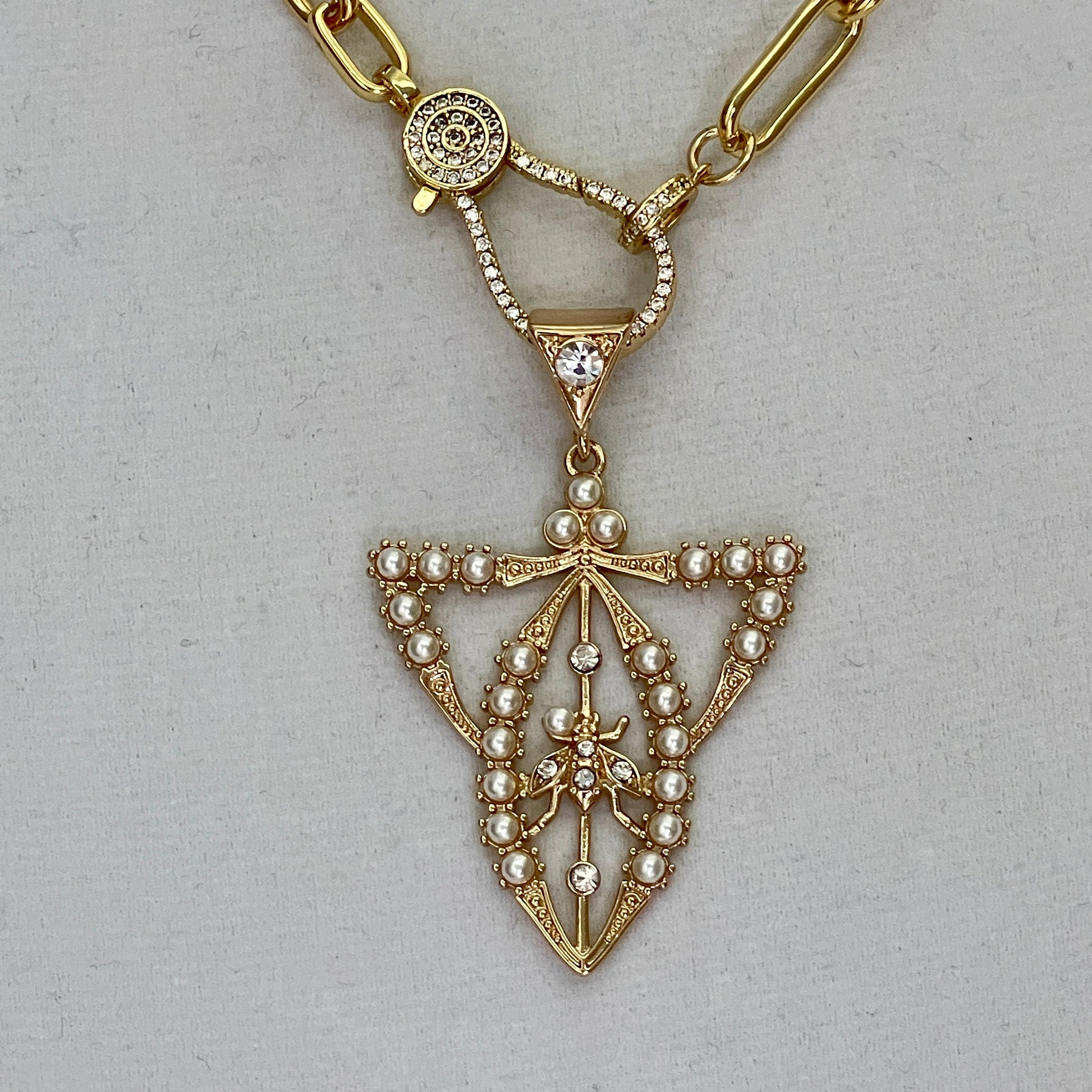 Reproduction Edwardian Paste Fly Pendant, Pearl and CZ Accents.-Gold Paperclip Chain Necklace-CZ Spring Lock Clasp-Gift for Her