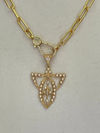 Reproduction Edwardian Paste Fly Pendant, Pearl and CZ Accents.-Gold Paperclip Chain Necklace-CZ Spring Lock Clasp-Gift for Her