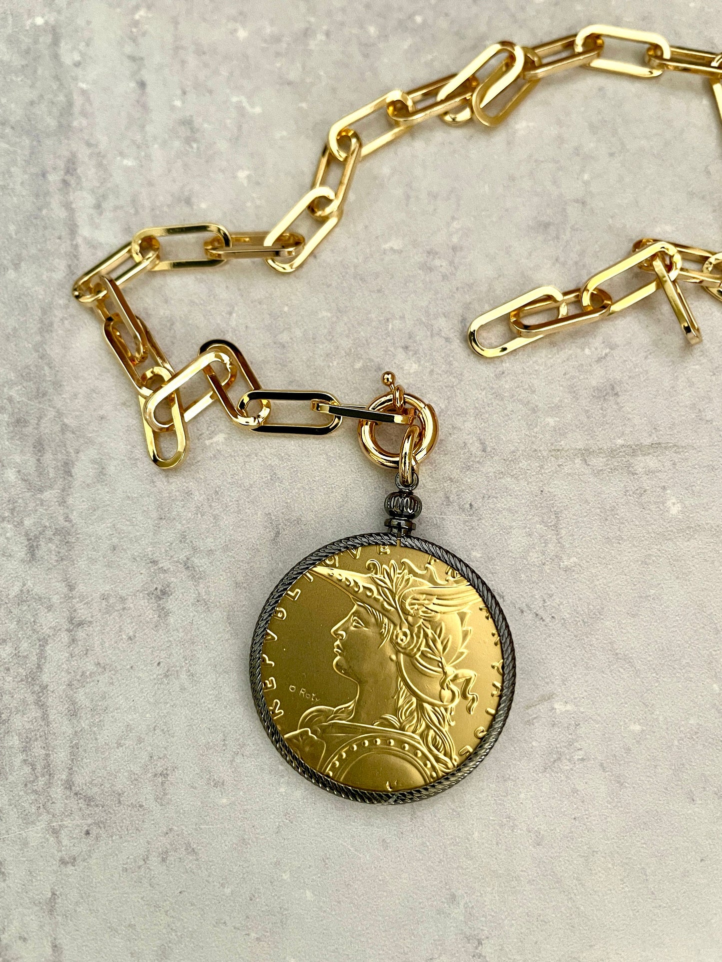 Gold French Madagascar Coin Necklace-22K Gold-Plated Reproduction Medal-Art Deco-Gunmetal Bezel-Spring Lock Clasp-Gift For Her