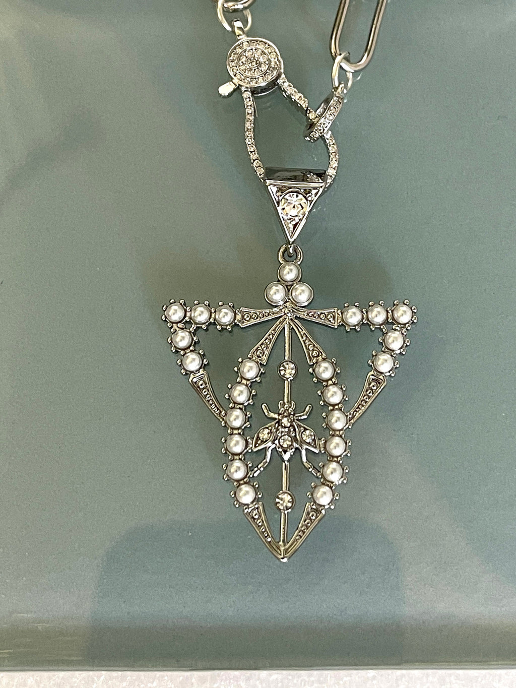 Reproduction Edwardian Paste Fly Pendant, Pearl and CZ Accents.-Silver Paperclip Chain Necklace-CZ Spring Lock Clasp-Gift for Her