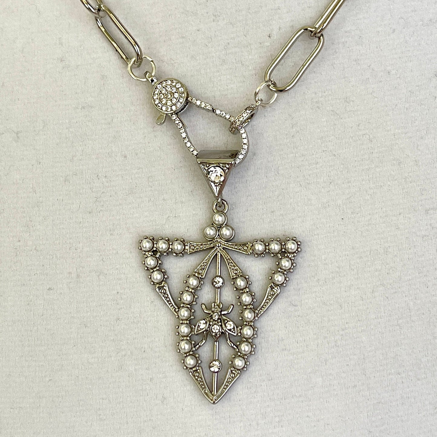 Reproduction Edwardian Paste Fly Pendant, Pearl and CZ Accents.-Silver Paperclip Chain Necklace-CZ Spring Lock Clasp-Gift for Her