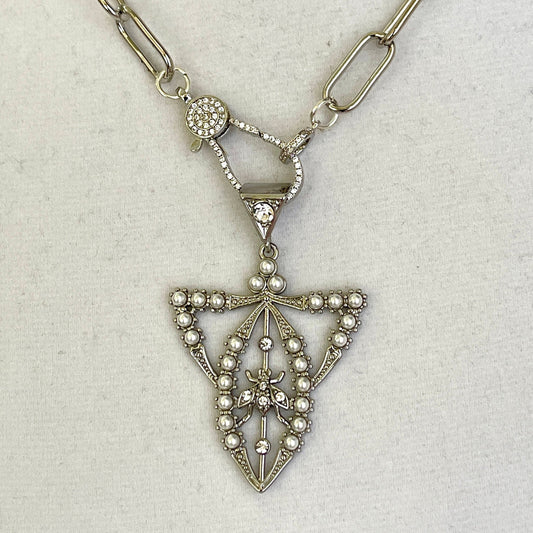 Reproduction Edwardian Paste Fly Pendant, Pearl and CZ Accents.-Silver Paperclip Chain Necklace-CZ Spring Lock Clasp-Gift for Her