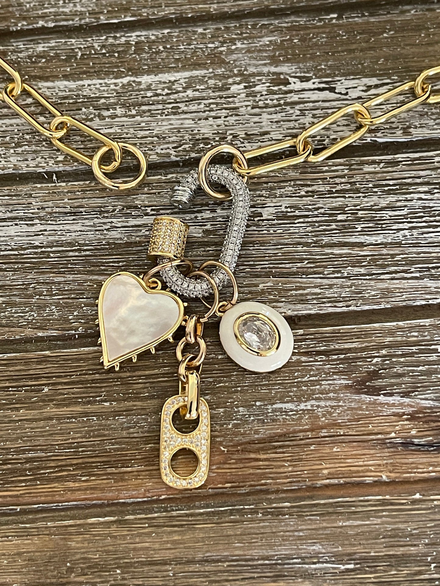 Gold Paperclip Chain-Multiple Charm Necklace-Cubic Zirconia Pendant-Carabiner Screw Clasp-Layering Chain Necklace-Mixed Metal Clasp