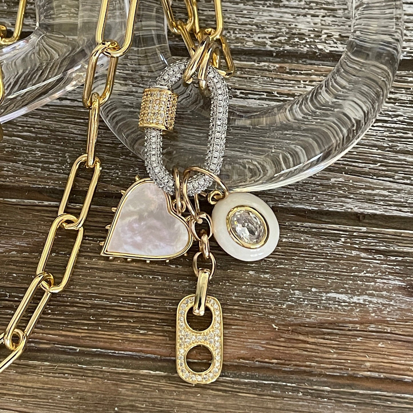 Gold Paperclip Chain-Multiple Charm Necklace-Cubic Zirconia Pendant-Carabiner Screw Clasp-Layering Chain Necklace-Mixed Metal Clasp