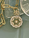 Replica 1940&#39;s Paris Brooch Pendant-Gold Paperclip Chain Necklace-Round CZ Pendant-Crown Bale-Lobster Clasp-Gift For Her