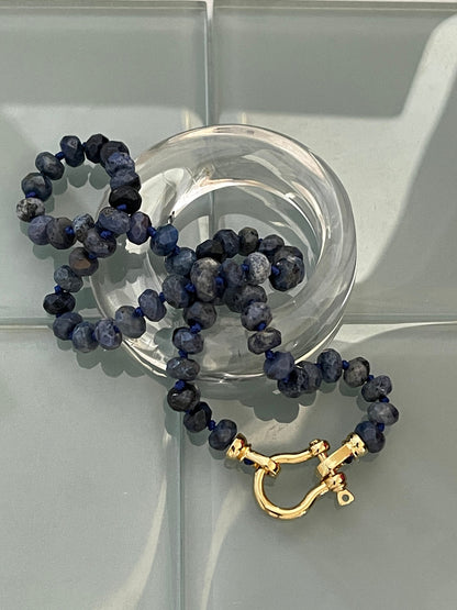 Lapis Lazuli-Rose Quartz-Hand Knotted Necklace-Gold-Shackle Clasp- Fold Over Shackle Clasps-Natural Gemstone Beads-18ins-Gift For Her