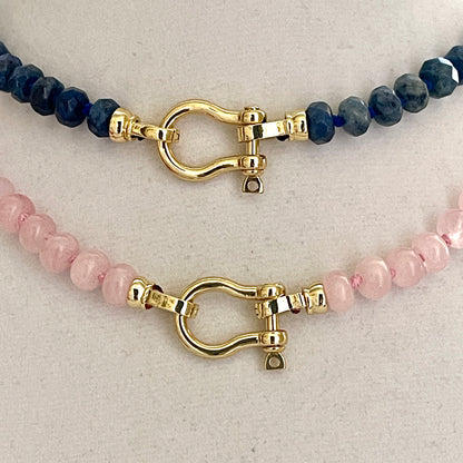 Lapis Lazuli-Rose Quartz-Hand Knotted Necklace-Gold-Shackle Clasp- Fold Over Shackle Clasps-Natural Gemstone Beads-18ins-Gift For Her