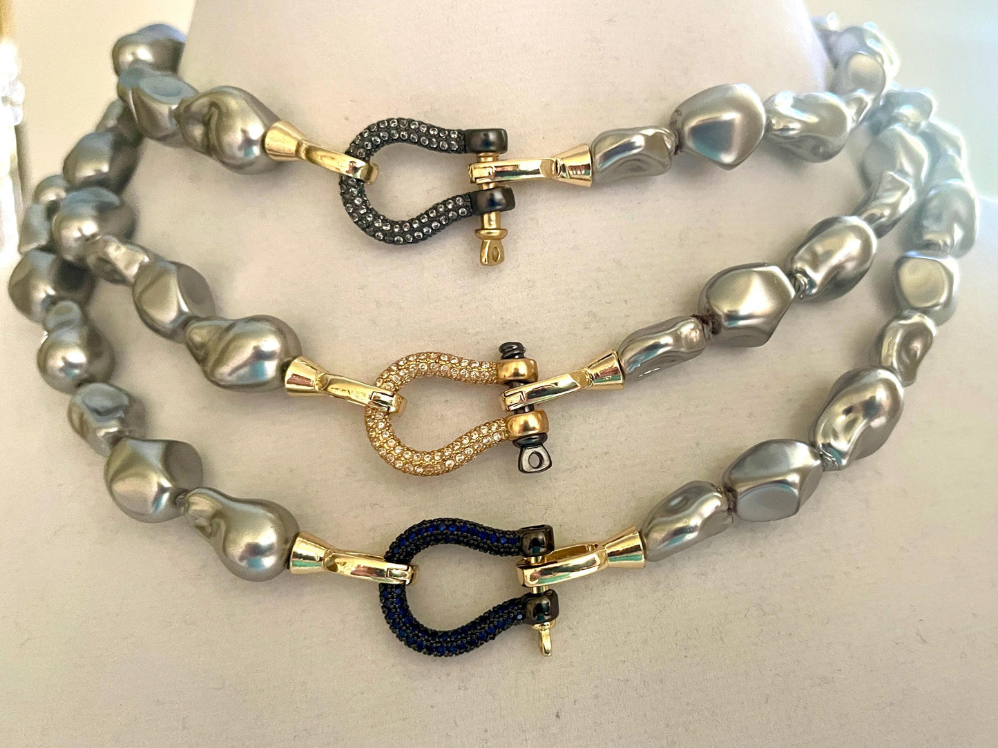 Grey Freshwater Pearl Necklace-Replica Baroque Shape Glass Pearls-Hand Knotted-3 Equestrian Shackle Colors-Fold Over Snap Clasp-Gift For Her