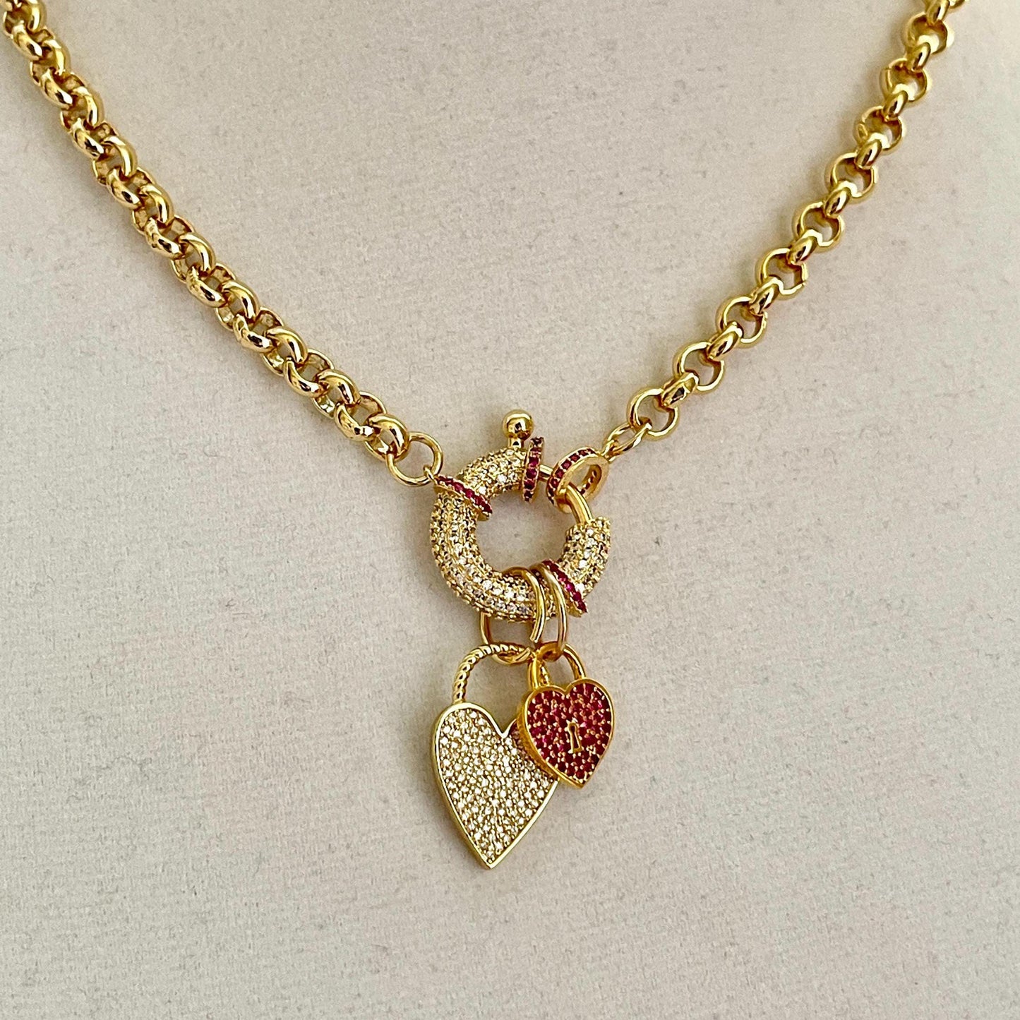 Gold Multiple Charm Necklace-Rolo Chain Necklace-CZ Mariner Clasp-Gold and Ruby CZ Heart Pendants -Gift For Her