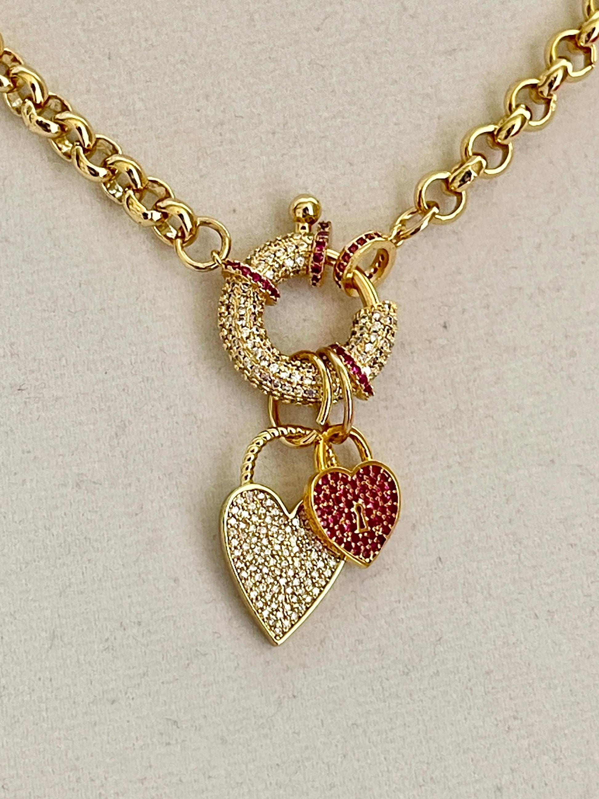 Gold Multiple Charm Necklace-Rolo Chain Necklace-CZ Mariner Clasp-Gold and Ruby CZ Heart Pendants -Gift For Her