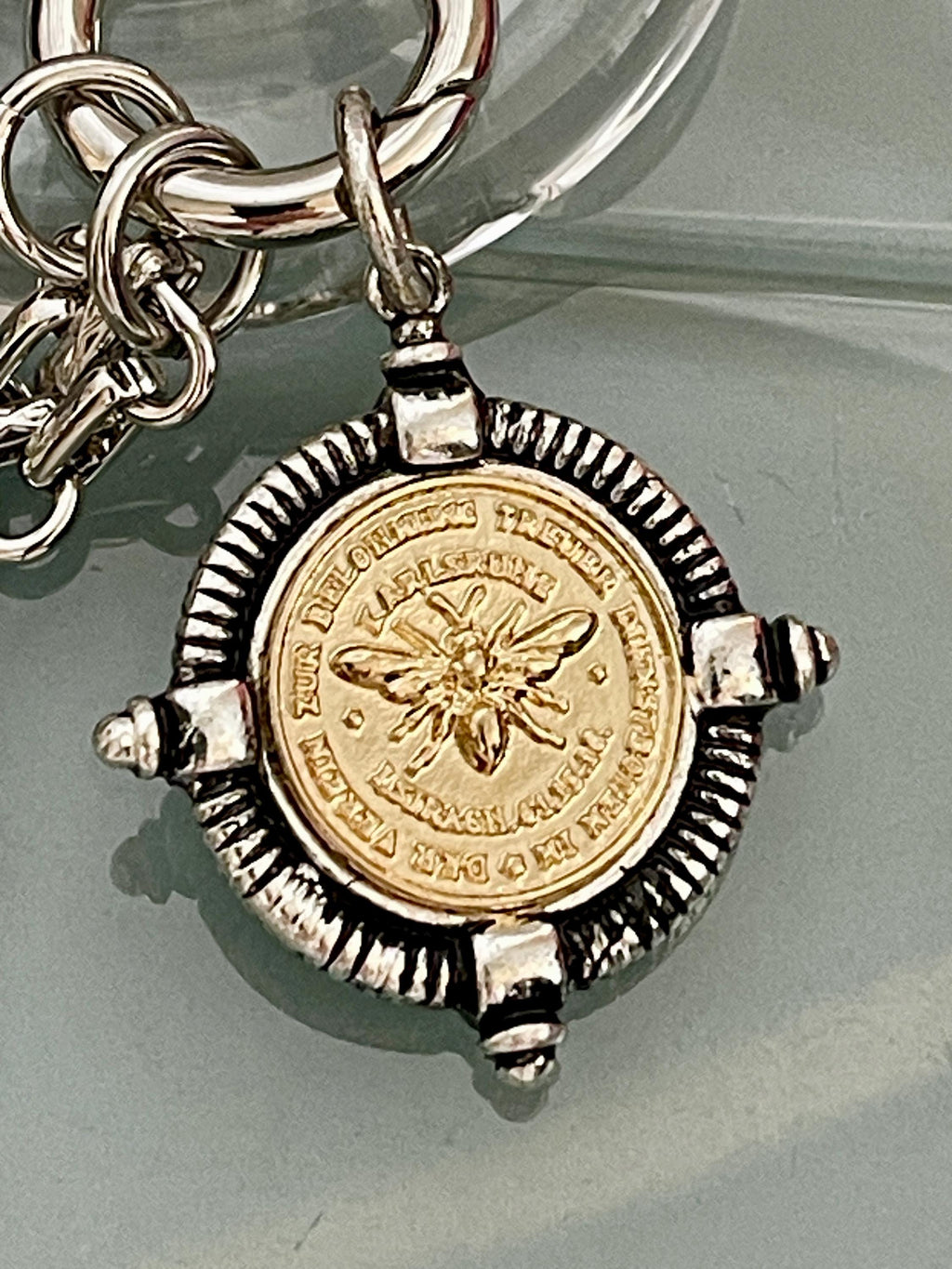 Chunky Silver Chain Necklace, French Bee Coin Pendant, Art Deco Style