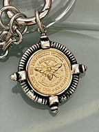 Silver Chunky Chain Necklace, French Bee Coin Pendant, Art Deco Style