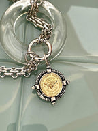 Silver Chunky Chain Necklace, French Bee Coin Pendant, Art Deco Style