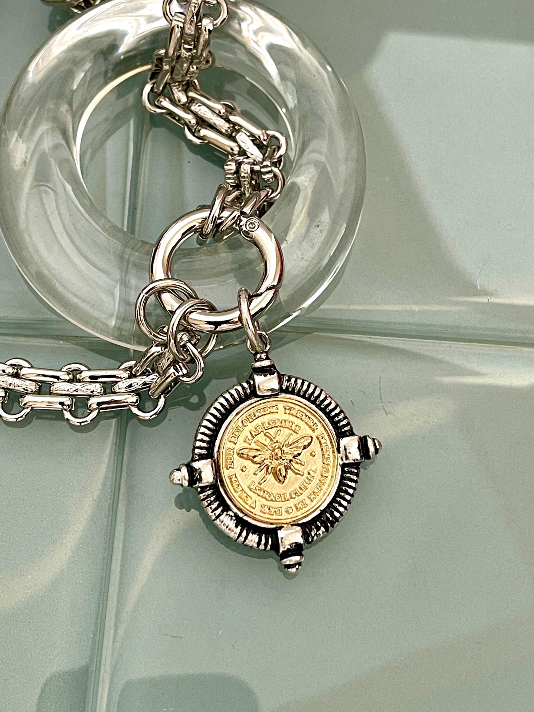 Chunky Silver Chain Necklace, French Bee Coin Pendant, Art Deco Style