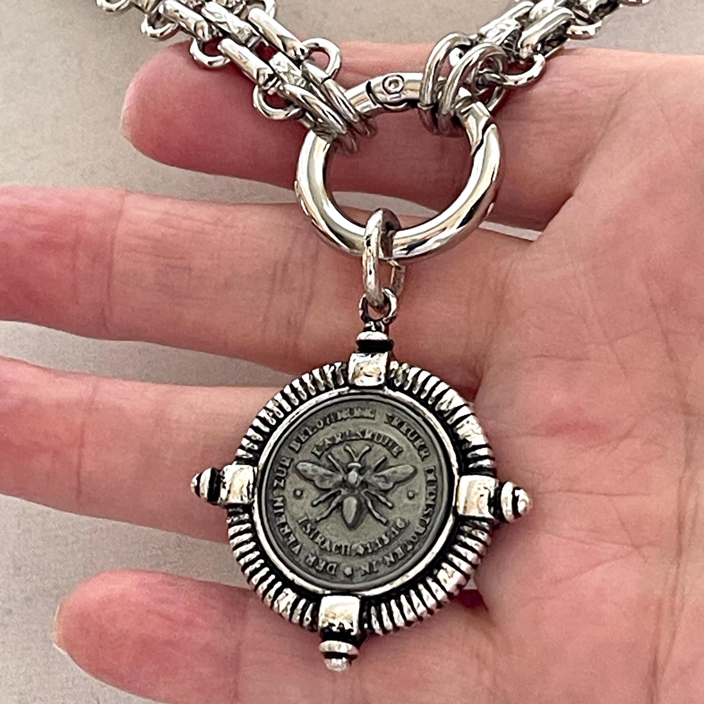 Chunky Silver Chain Necklace, French Bee Coin Pendant, Art Deco Style