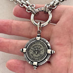 Chunky Silver Chain Necklace, French Bee Coin Pendant, Art Deco Style