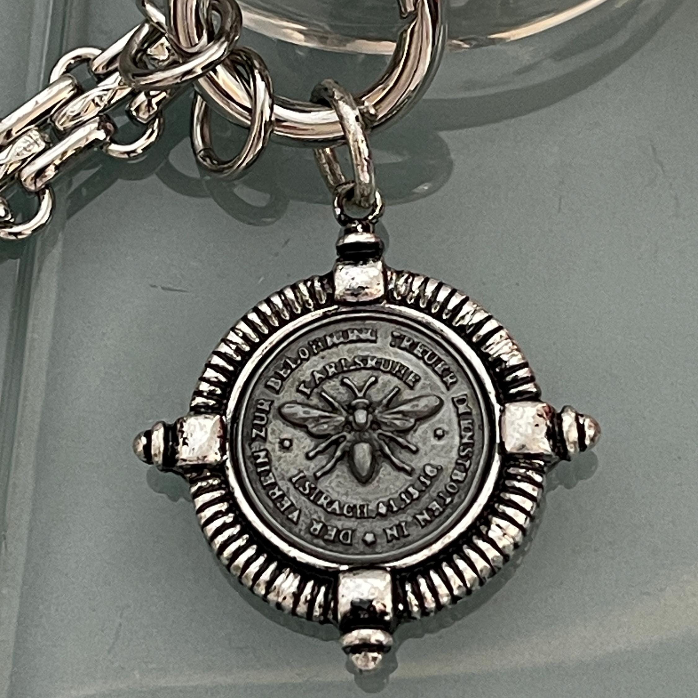 Silver Chunky Chain Necklace, French Bee Coin Pendant, Art Deco Style