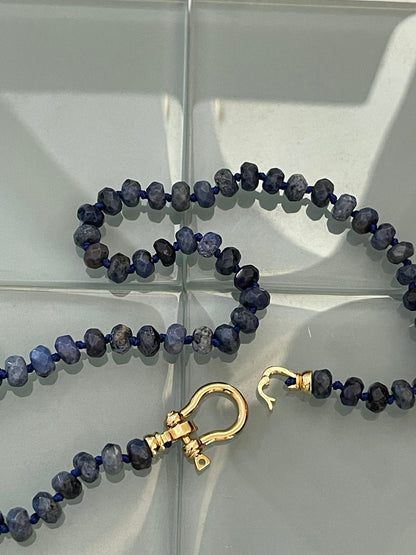 Lapis Lazuli-Rose Quartz-Hand Knotted Necklace-Gold-Shackle Clasp- Fold Over Shackle Clasps-Natural Gemstone Beads-18ins-Gift For Her