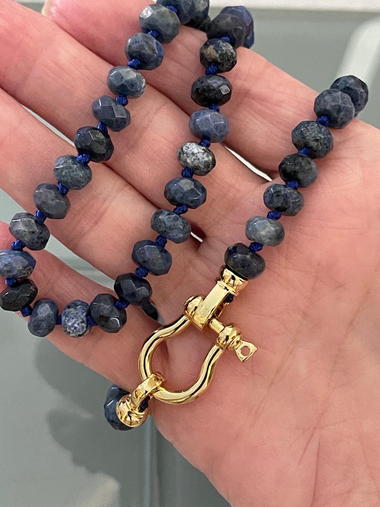 Lapis Lazuli-Rose Quartz-Hand Knotted Necklace-Gold-Shackle Clasp- Fold Over Shackle Clasps-Natural Gemstone Beads-18ins-Gift For Her