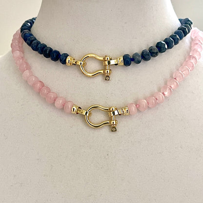 Lapis Lazuli-Rose Quartz-Hand Knotted Necklace-Gold-Shackle Clasp- Fold Over Shackle Clasps-Natural Gemstone Beads-18ins-Gift For Her