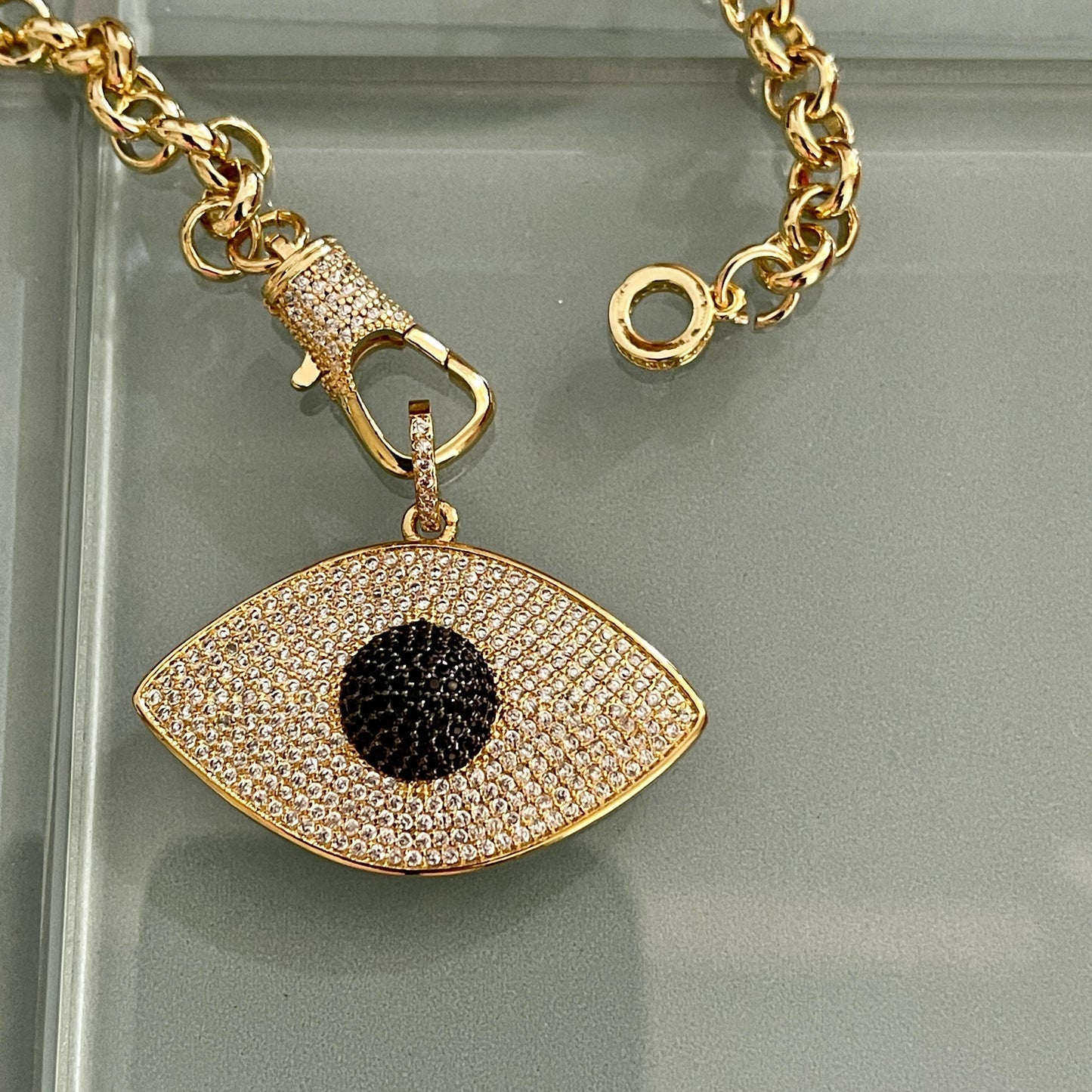 Gold CZ Evil Eye Pendant Necklace-Rolo Chain-Designer CZ Lobster Clasp-Unique Necklace-Gift For Her