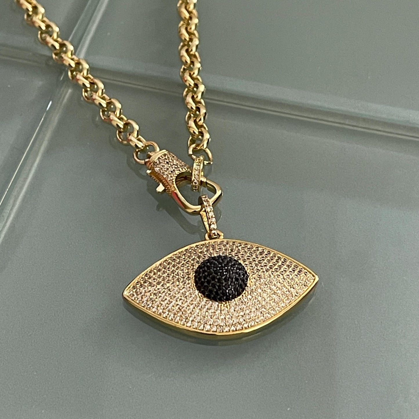 Gold CZ Evil Eye Pendant Necklace-Rolo Chain-Designer CZ Lobster Clasp-Unique Necklace-Gift For Her