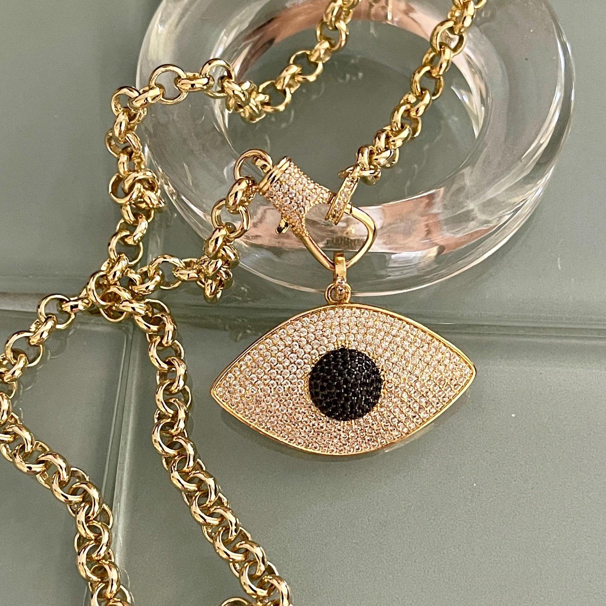 Gold CZ Evil Eye Pendant Necklace-Rolo Chain-Designer CZ Lobster Clasp-Unique Necklace-Gift For Her