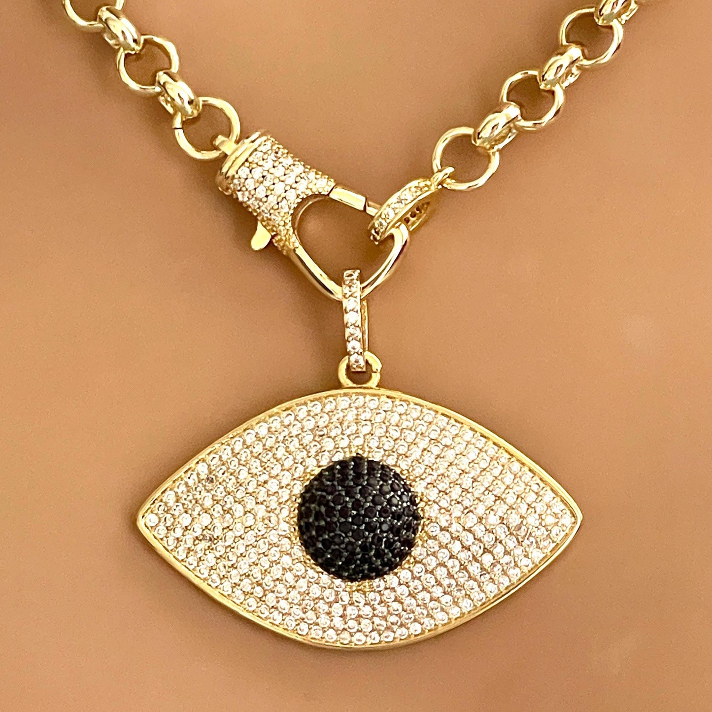 Gold CZ Evil Eye Pendant Necklace-Rolo Chain-Designer CZ Lobster Clasp-Unique Necklace-Gift For Her