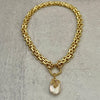 Gold Chunky Multilink Chain Necklace-Flower CZ Replica Pearl Pendant-Baroque Pearl Pendant-Rope Design Spring Clasp-Gift For her